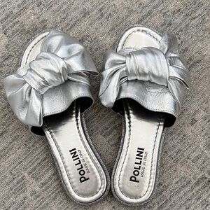 Pollini Leather Silver Slide Sandals with Knot Detail